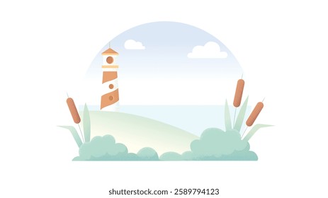 An abstract illustration of a serene lake with a lighthouse in the background, featuring soft gradients, calming water reflections