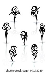 Abstract illustration of seven ocean MUSTERs. Body-art SET. Sea curl pattern. Tattoo. Vintage. Vector.