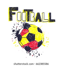 Abstract illustration with shabby soccer and original hand drawn text Football. Grunge sport t shirt design for boys. Ball element on white background. Guys wallpaper