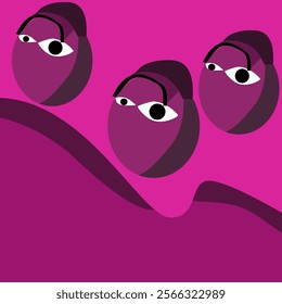 Abstract illustration in shades of purple. Illustration, three faces with a cap on their heads. Abstract, cap, file color, eyes.
