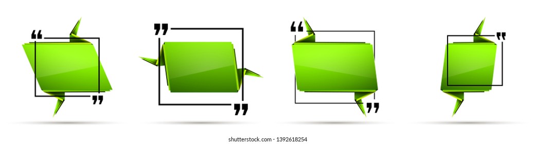 Abstract illustration with shape speech talking cloud of green color. Quote geometric origami green speech bubble background and place for message sign. Colorful banners set