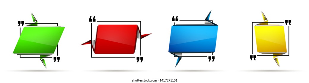 Abstract illustration with shape speech talking cloud of red green blue yellow color. Quote geometric origami red blue yellow speech bubble background and place for message sign. Colorful banners set
