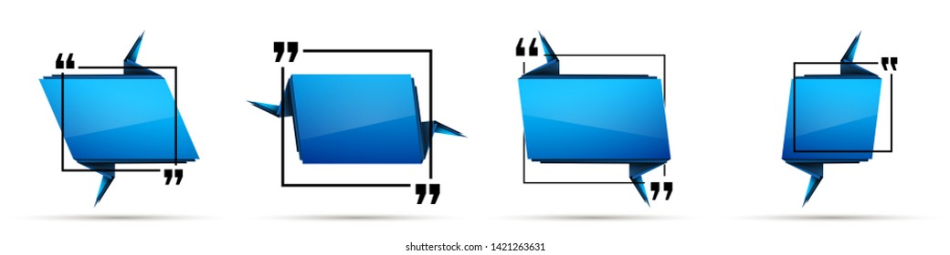 Abstract illustration with shape speech talking cloud of blue color. Quote geometric origami blue speech bubble background and place for message sign. Colorful banners set