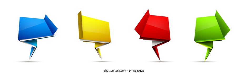 Abstract illustration with shape speech talking cloud of red green blue yellow color. Quote geometric origami red blue yellow speech bubble background and place for message sign. Colorful banners set