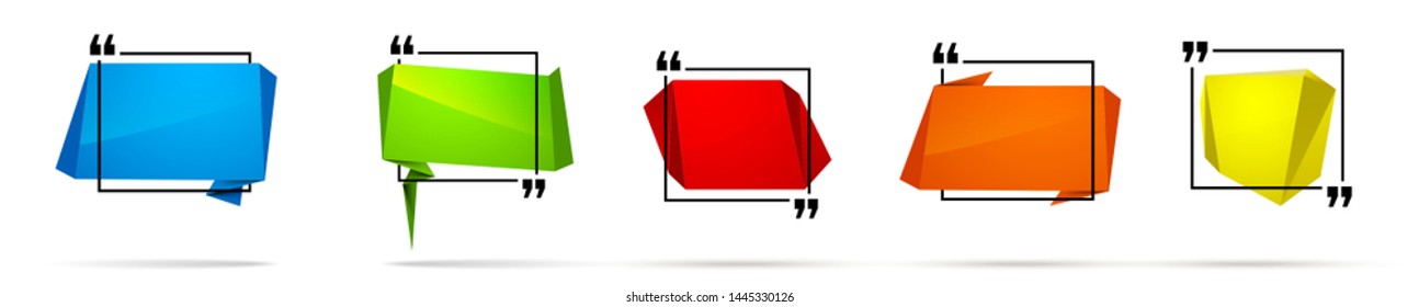 Abstract illustration with shape speech talking cloud of red green blue yellow color. Quote geometric origami red blue yellow speech bubble background and place for message sign. Colorful banners set