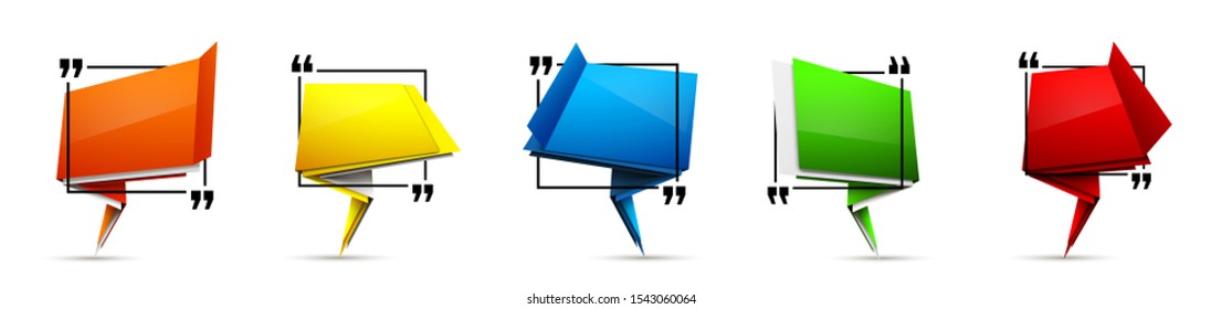 Abstract illustration with shape speech talking cloud of red green blue yellow color. Quote geometric origami red blue yellow speech bubble background and place for message sign. Colorful banners set