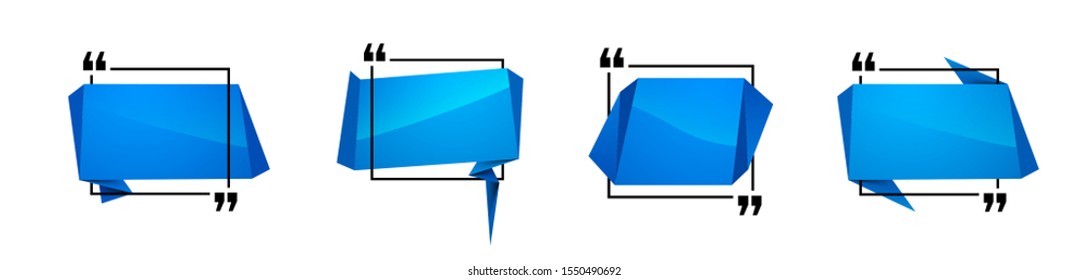 Abstract illustration with shape speech talking cloud of blue color. Quote geometric origami blue speech bubble background and place for message sign. Colorful banners set