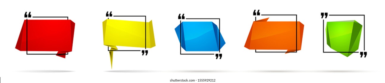 Abstract illustration with shape speech talking cloud of red green blue yellow color. Quote geometric origami red blue yellow speech bubble background and place for message sign. Colorful banners set