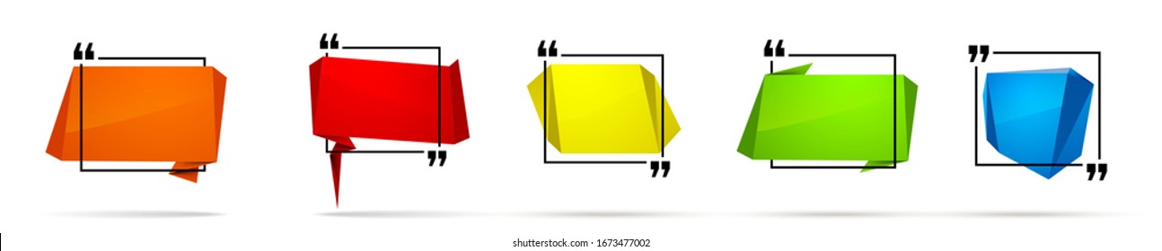 Abstract illustration with shape speech talking cloud of red green blue yellow color. Quote geometric origami red blue yellow speech bubble background and place for message sign. Colorful banners set