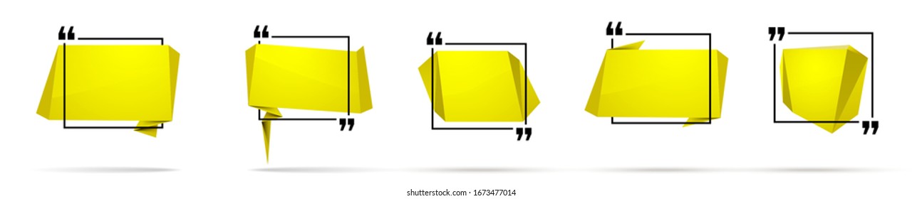 Abstract illustration with shape speech talking cloud of yellow color. Quote geometric origami yellow speech bubble background and place for message sign. Colorful banners set