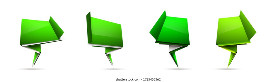 Abstract illustration with shape speech talking cloud of green color. Quote geometric origami green speech bubble background and place for message sign. Colorful banners set