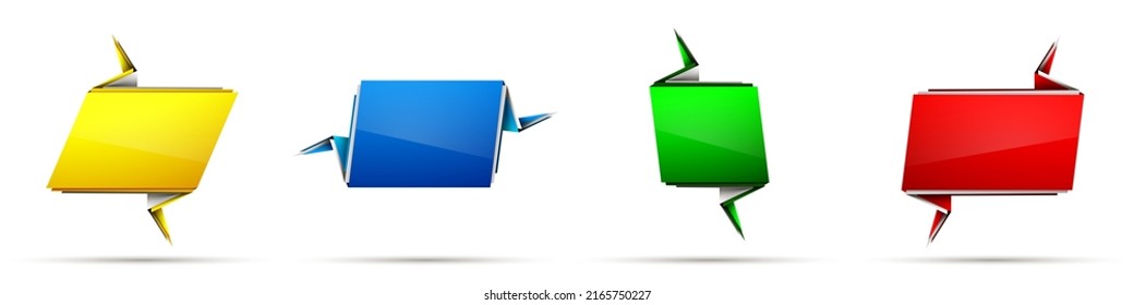 Abstract illustration with shape speech talking cloud of red green blue yellow color. Quote geometric origami red blue yellow speech bubble background and place for message sign. Colorful banners set