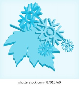 Abstract illustration with sheet of a maple and snowflakes