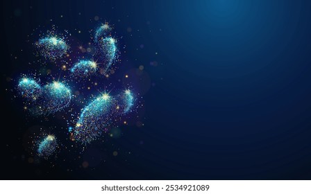 Abstract illustration of shigella spp. bacteria cells made of glowing neon particles. Blue geometric background depicting microbiome medical concept. Digital vector illustration