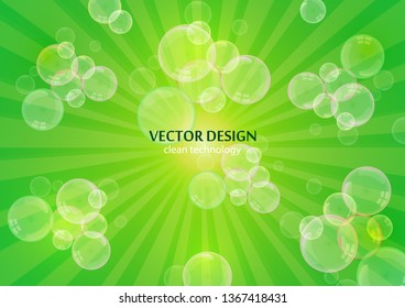 Abstract illustration of shiny soap bubbles on a background with rays. Elements of purity and freshness for your design. Vector illustration