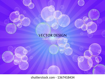 Abstract illustration of shiny soap bubbles on a background with rays. Elements of purity and freshness for your design. Vector illustration