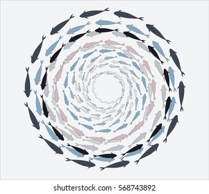 Abstract illustration shoals of fish in the sea in cold colors