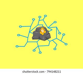 An abstract illustration showing a Bitcoin symbol embedded in rock with a surrounding network of connections, symbolizing digital mining and cryptocurrency technology.