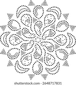 Ilustração abstrata Mostrando Globulados Pontilhados Pretos, Luas Crescentes e Traingles Organizados de Forma Circular. Modelo de Bordado Plano Geométrico Offbeat Ocidental Moderno. Tecido, almofada Design.