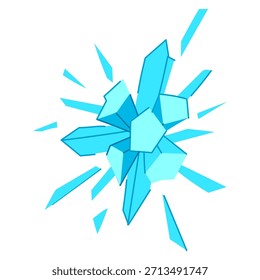 Ilustración Abstractas que muestra una explosión dinámica de fragmentos de hielo azul y Formas geométricas de cristal que estallan hacia afuera, creando un poderoso efecto de congelación con Elementos congelados
