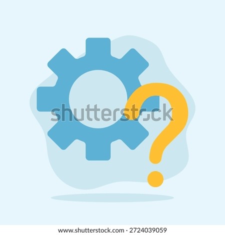 An abstract illustration showing gears and a question mark, representing settings, configuration, troubleshooting, and user support within a digital system or interface.