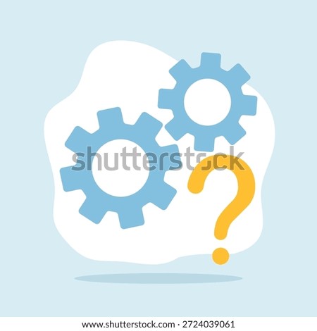 An abstract illustration showing gears and a question mark, representing settings, configuration, troubleshooting, and user support within a digital system or interface.