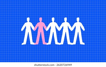 An abstract illustration showing a row of paper-cut figures holding hands. Four white figures and one different color, pink. The concept of individuality in society, unity and sharing.