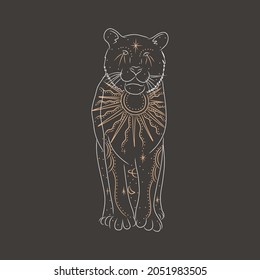 abstract illustration of a silhouette of the animal of the wild world. sacred geometry and celestial space bodies. bogemical of the sun and moon
