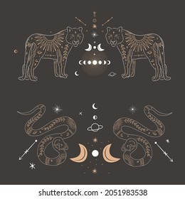 abstract illustration of a silhouette of the animal of the wild world. sacred geometry and celestial space bodies. bogemical of the sun and moon