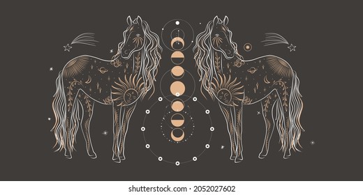 abstract illustration of a silhouette of the animal of the wild world. sacred geometry and celestial space bodies. bogemical of the sun and moon