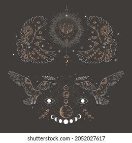 abstract illustration of a silhouette of the animal of the wild world. sacred geometry and celestial space bodies. bogemical of the sun and moon