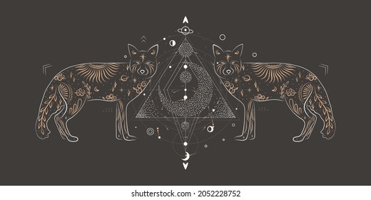 abstract illustration of a silhouette of the animal of the wild world. sacred geometry and celestial space bodies. bogemical of the sun and moon