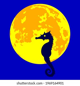 Abstract illustration of the silhouette cartoon seahorse fish on moon background