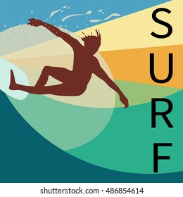 Abstract illustration of silhouette surfer on a big wave with splashes , color prints,  vector design poster,  background for text, art summer, ocean with sun rays, sport, text surf