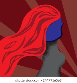 Abstract illustration of a silhouette of a woman. Abstract colors, side portrait. Red hair, blue head with pointed nose up. Silhouette, woman, from the side, abstract