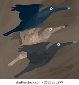 Ilustração abstrata de silhuetas de aves em voo, sobrepostas umas às outras com graus variados de transparência.