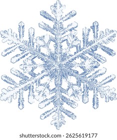 Ilustración Abstractas de un solo copo de nieve, con líneas afiladas y estética helada, un símbolo de las vacaciones de invierno y Navidad.