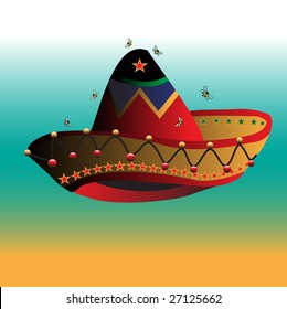 Abstract illustration with small bees flying above a colorful mexican sombrero