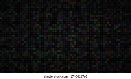 Abstract illustration of small multicolored squares or pixels on black background