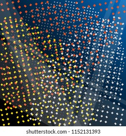 abstract illustration - small orange, yellow, white and gray deformed cubes with transparent stripes in front of a blue background