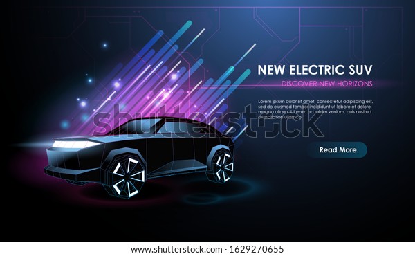 Abstract illustration of a smart or\
intelligent car. Electric car in low poly style design. Creative\
Futuristic Neon Glowing Concept SUV\
Silhouette.