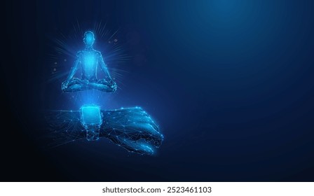 Ilustração abstrata de relógio inteligente projetando figura humana sentado em pose de ioga de lótus em baixo estilo poli. Fundo geométrico azul que representa o conceito de saúde mental e meditação por malha de arames