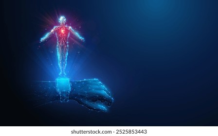 Abstract illustration of smart watch projecting human body silhouette in low poly style. Blue geometric background depicting smart wearable device health monitoring and meditation concept by wireframe