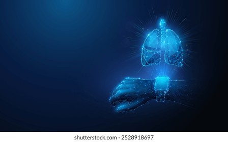 Ilustración Abstractas de reloj inteligente que proyecta los pulmones humanos en estilo de baja poli. Fondo geométrico azul que representa el concepto médico del monitoreo de la atención médica del sistema pulmonar por malla de alambre