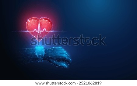 Abstract illustration of smart watch projecting human heart pulse wave hologram in low poly style. Blue geometric background depicting healthcare, fitness tracking and medicine concept by wireframe