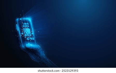 Abstract illustration of smartphone with ai chip in hand  in low poly style. Blue geometric background depicting artificial intelligence computing hardware concept by wireframe connection structure