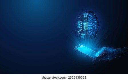 Abstract illustration of smartphone in hand projecting human brain and ai cpu circuit board in low poly style. Blue geometric background depicting artificial intelligence concept by wireframe mesh