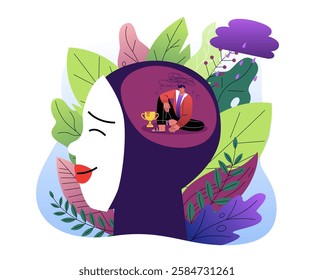 Abstract illustration of a smiling woman with inner emotional struggle, surrounded by leaves. Concept of mental health, hidden feelings, and resilience