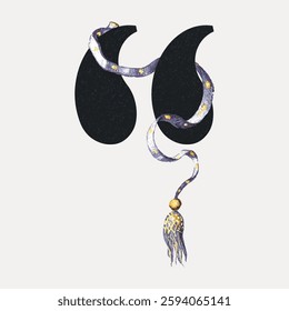 Abstract illustration of a snake coiled around two black shapes. The snake features a textured pattern with gold accents and a tassel. Artistic and unique design. Vintage botanical illustration vector