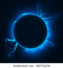 Abstract illustration of solar prominences in space, sun eclipse in blue color, vector illustration